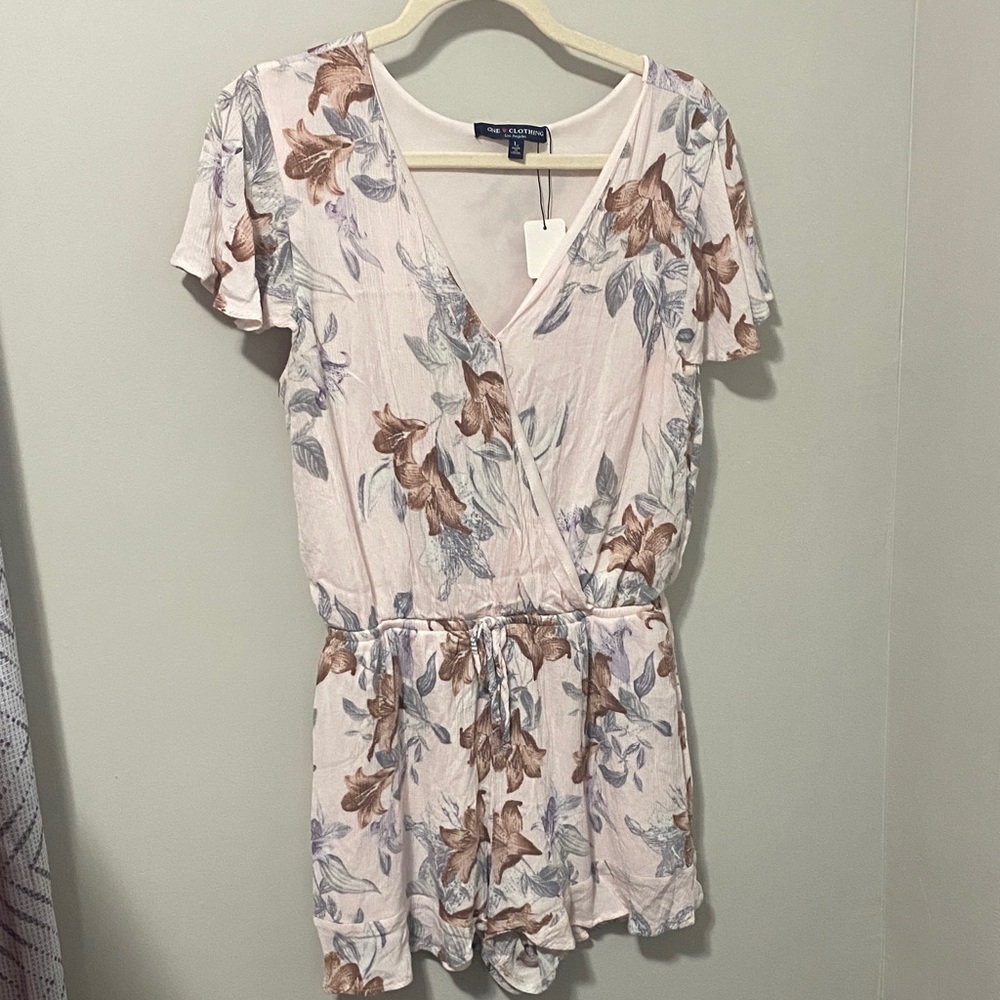One Clothing Floral V-Neck Romper - Pink and Brown